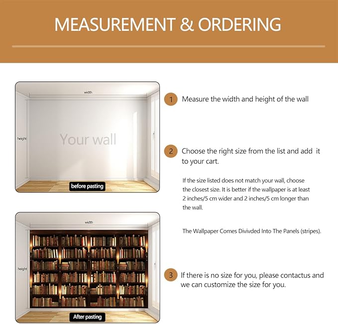 Bookshelf Wallpaper Mural Suitable for Living Room Office（Not Peel and Stick）