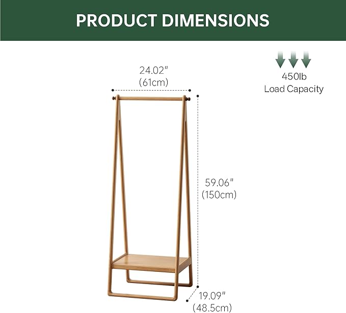 Solid Oak Wood Clothes Rack, Garment Rack with Shelves, Wooden Clothing Rack for Bedroom, Living Room, Entryway, 19" x 24" x 59", Natural