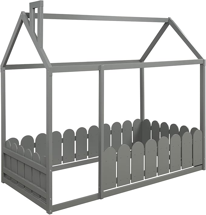 Bellemave Twin Size Kids Floor Bed Frame with Fences, Wooden House Bed with Roof Can be Decorated for Kids Girls Boys (Grey)