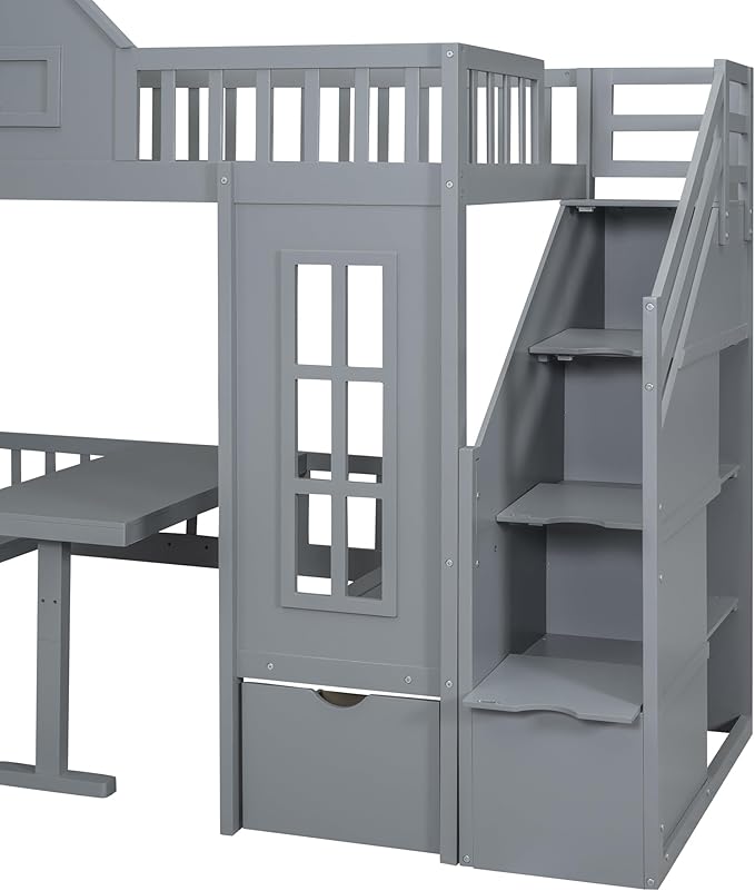 Playhouse Twin Size Loft Bed with Storage Staircase, Solid Wood Bunk Bed Frame with Guardrail for Kids Teens Boys Girls, Down Bed Convertible to Seats and Table Set (Grey-C)