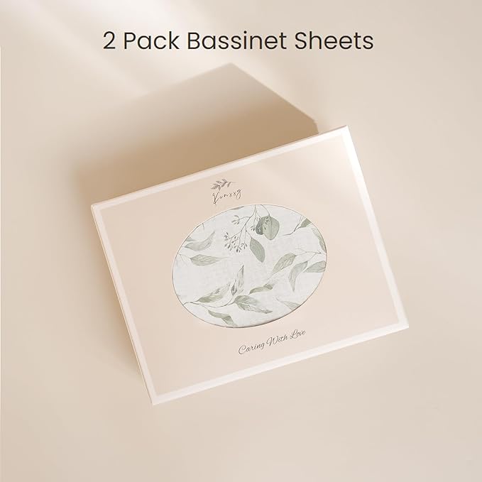 Konssy Muslin Bassinet Sheets for Baby Girl Boy, 2 Pack Soft Breathable Baby Bassinet Mattress Sheets Fit for Hourglass Oval Cradle, Moses Basket Rectangle Mattress (Green, Green Leaves)