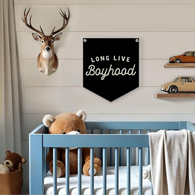 Lacama Long Live Boyhood Linen Banner, Vintage Room Decor,Boy Bedroom Wall Hanging Banner Pennant Flag Decor for Nursery Playroom Toddler Nursery Decor Kids Room,12.4x14 in(Black)