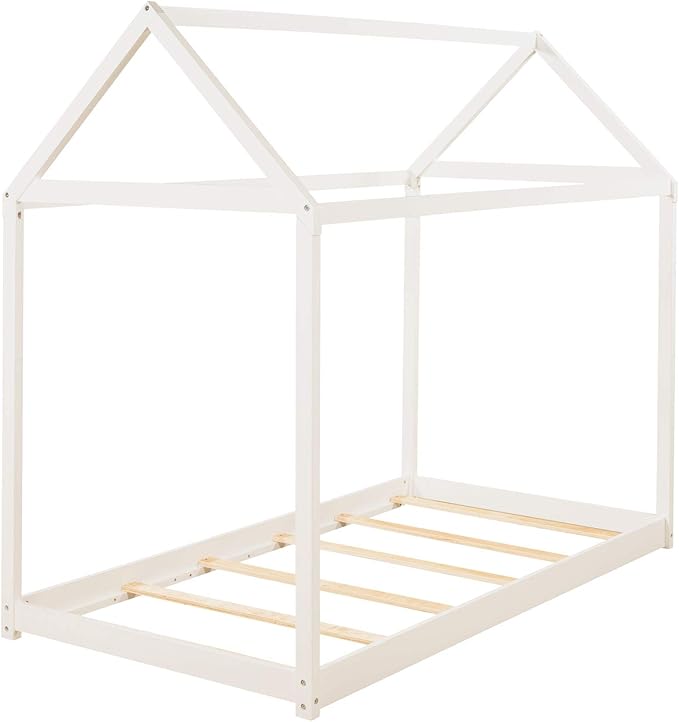 Bellemave Twin Size House Bed, Wood House Platform Bed with Roof and Slats, House Daybed Frame for Kids, Boys, Girls, No Spring Box Needed, White