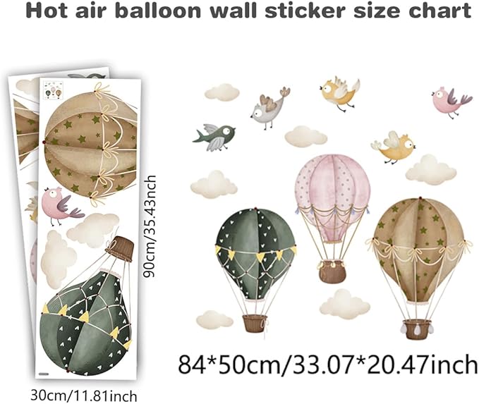 Boho Vintage Hot Air Balloon Bird White Cloud Wall Decal，Hot Air Balloons Wall Decals，Hot Air Balloons in The Sky Wall Stickers，Peel and Stick Removable for Kids Nursery Bedroom Living Room Decor