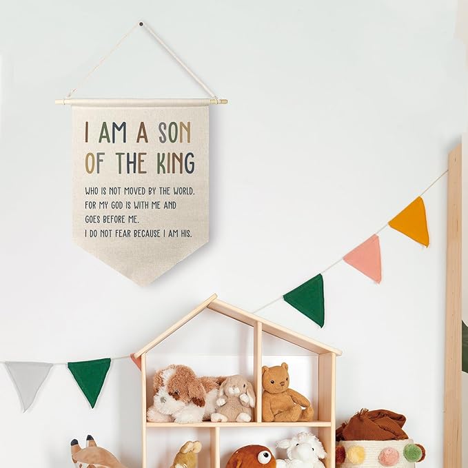 Qpenm I Am a Son of the King Hanging Wall Canvas Banner, Encourage Quote Hanging Pennant Flag Prints, Boys Bedroom Banner, Nursery Wall Hanging poster&prints