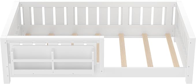 Bellemave Twin Size Floor Bed with high Rails and with Built-in Bookshelf for Kids, Girls, Boys, Wood Montessori Floor Bed Without Door, White