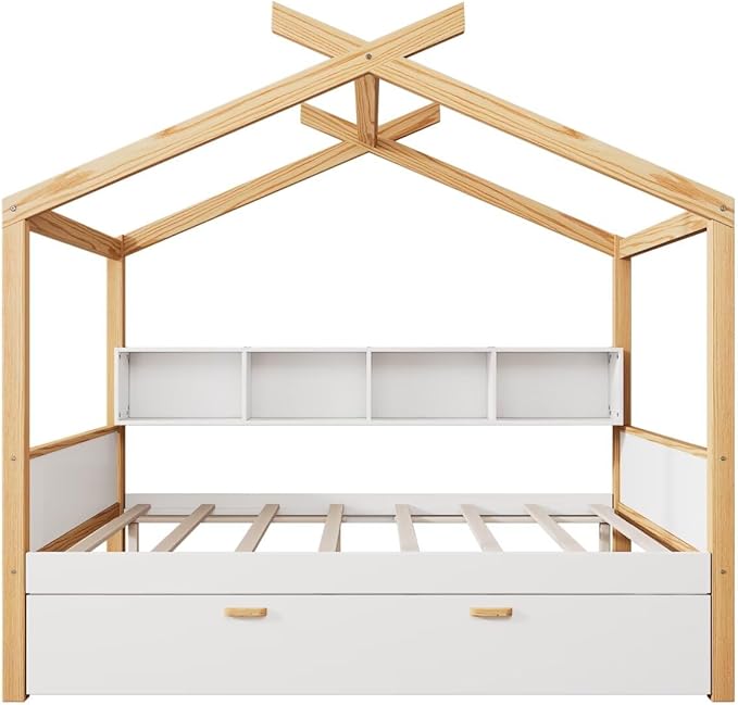 Full Size Wooden House Bed with Two Drawers and Bookshelf Storage Space, Original Wood Colored Frame with Roof and Slats Support for Kids Teens Girls Boys Bedroom (White+Drawers, Full)