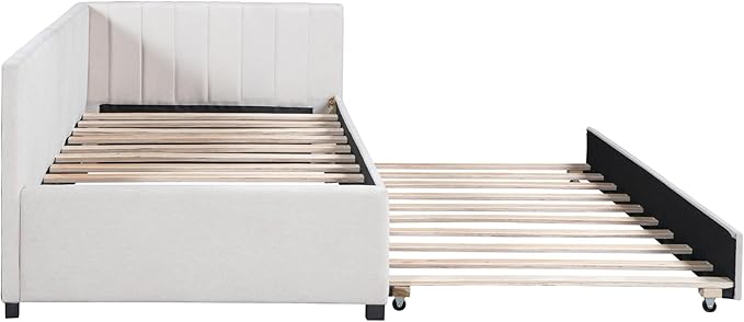 Harper & Bright Designs Upholstered Daybed with Trundle Twin Size Sofa Bed Frame No Box Spring Needed, Linen Fabric(Beige)