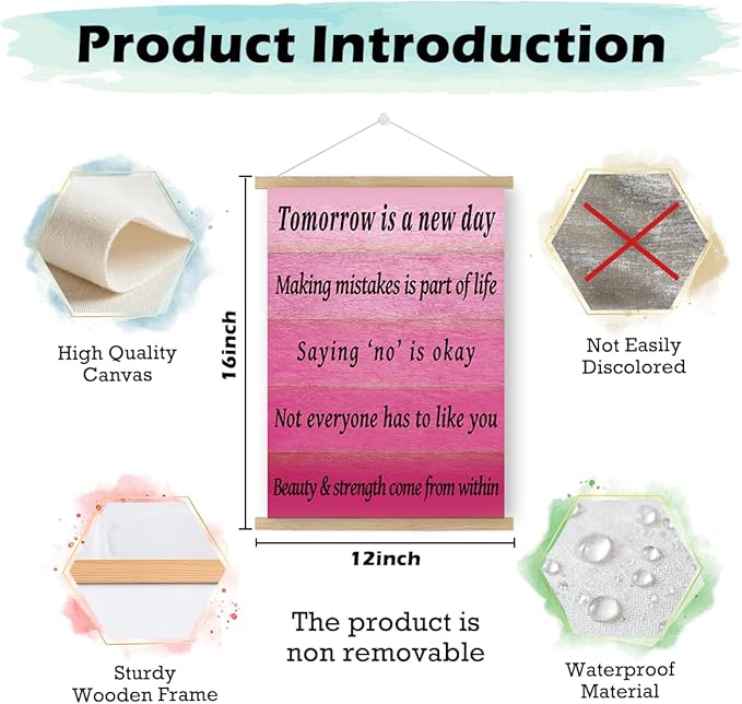 Qswo Inspirational Quotes Wall Decor for Women,Tomorrow Is a New Day Pink Wall Art Poster Hanger Frame,Motivational Hanging Canvas Wall Decor for Girl Room Home Office