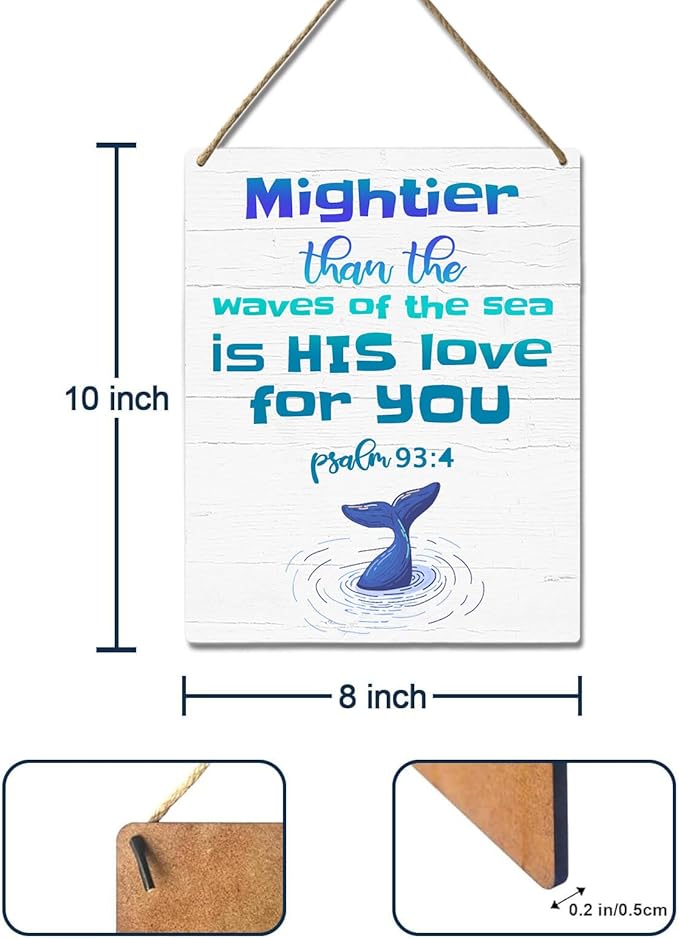 Ocean Nursery Wall Art Whale Decor for Baby Boy Nautical Beach Room Sign Mightier Than The Waves of The Sea Psalm 93:4 Wooden Signs Under The Sea Animal Pictures Bathroom Decor for Kids 10x8 Inch