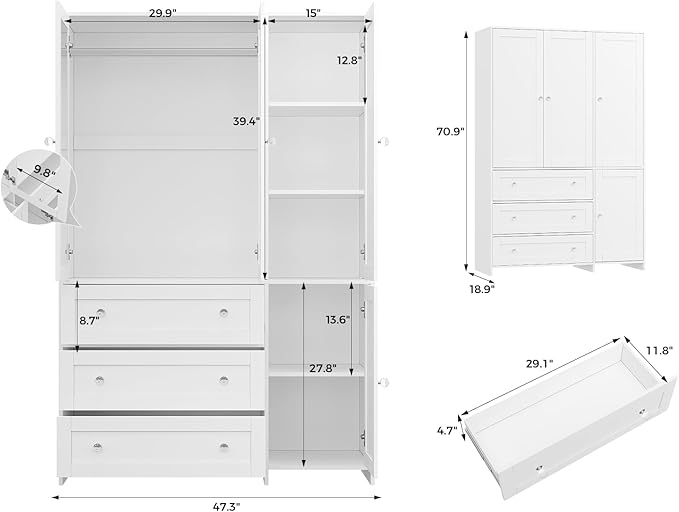 VOWNER Armoire Wardrobe Closet with Drawers and Mirror, 71" Clothing Storage Cabinet with Hanging Rod, 4 Doors Wooden Wardrobe Cabinet for Bedroom, Large Capacity Storage
