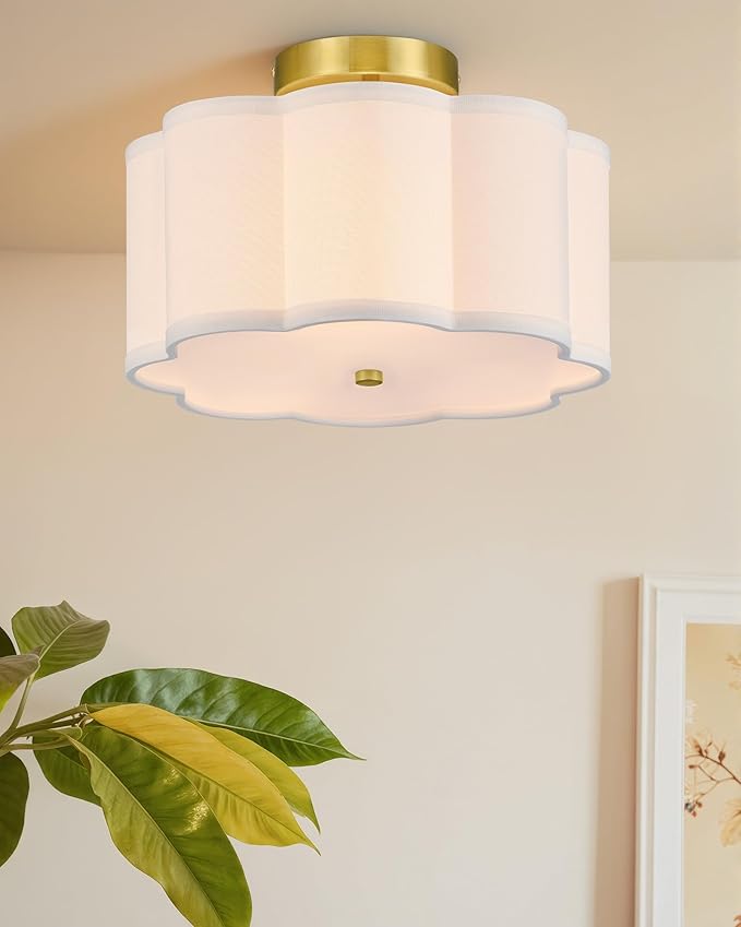 VONLUCE Semi Flush Mount Ceiling Light, 12.6" Ceiling Light Fixture with Flower-Shaped Fabric Shade, 3-Light Modern Light Fixture for Bedroom Living Room Nursery Hallway, White Shade & Gold Finish