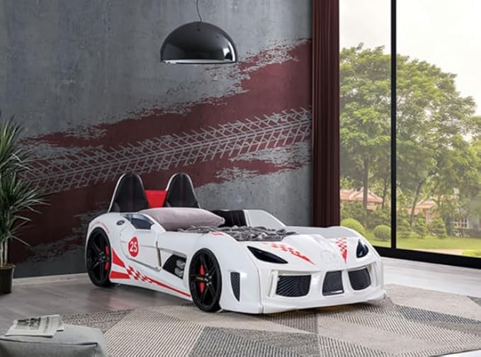 MASARA Race Car Twin Bed with LED Lights, Music Player, Magnetic Doors (White)