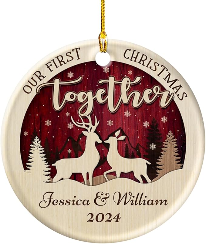 wowcugi Personalized First Christmas Together Ornament Personalized Reindeer Couple Ceramic Ornaments Engagement Ornament Wedding Keepsake Gifts for Newlywed Xmas Tree Decorations