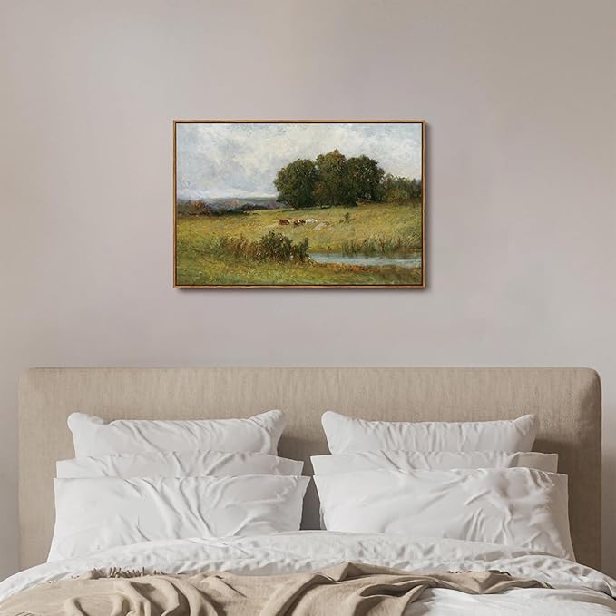 OIQArtOIQ Vintage Landscape Canvas Wall Art Framed Natural Scenery Painting Artwork Prints France Country Wilderness Farmhouse Decor Pictures Kitchen Bedroom Living Room Bathroom