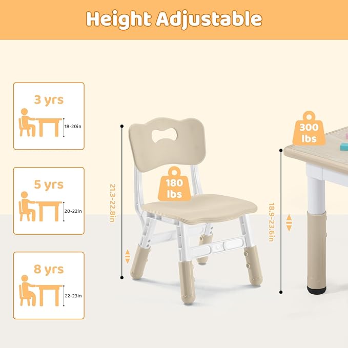 Kids Table & Chairs Set (2 Chairs) Height Adjustable for Ages 2-8 | Non-Slip Toddler Activity Table with Wipe-Clean Desktop, Montessori Learning & Art Drawing Tables for Home Preschool