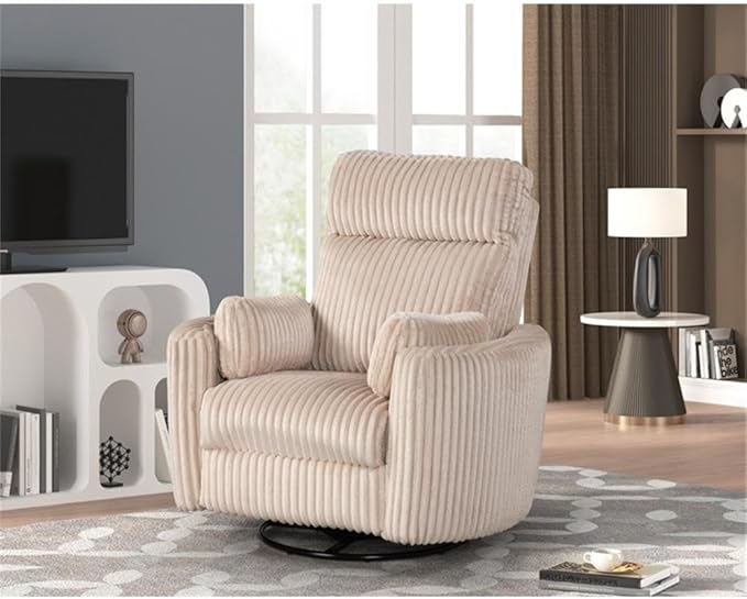 Pemberly Row Modern Large Corduroy Fabric Swivel Recliner in Ivory