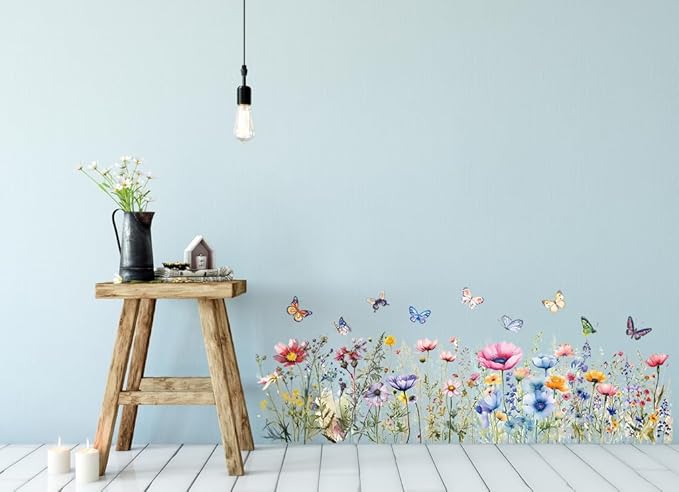 Weeds Wildflower Wall Stickers, Watercolour Colorful Flower Floral Buterflying Wall Decal for Nursery Kitchen Home