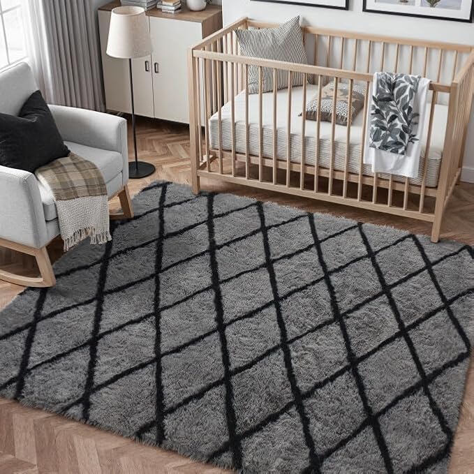 4x6 Checkered Rug for Living Room Grey and White Modern Soft Area Rug Fluffy Non-Slip Carpet for Bedroom Playroom Home Aesthetic Decor
