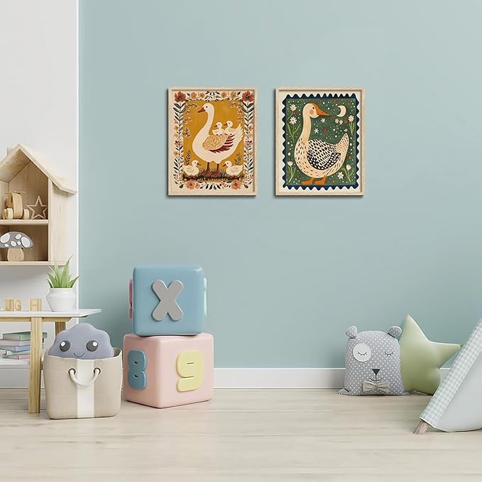 KISSFOX Framed Wall Art Nursery Wall Decor Yellow Duck Pictures Kids Cute Animal Canvas Art Boho Floral Paintings Artwork For Children Boys Girls Room