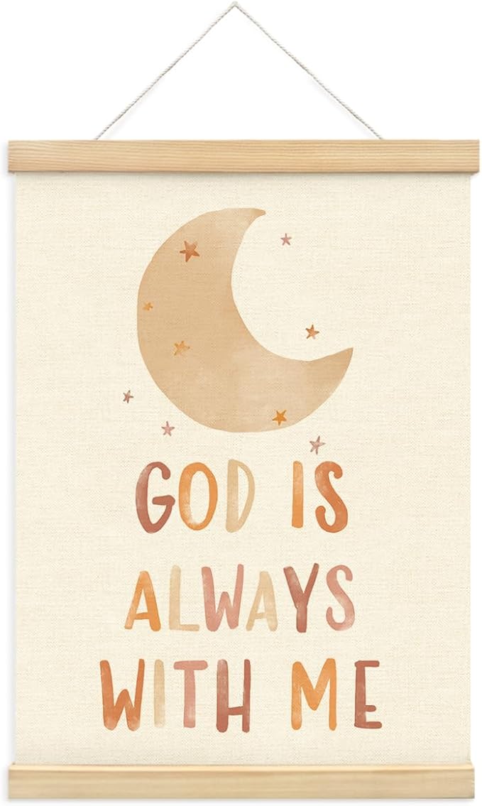 PLKMN Christian Nursery Wall Decor, God is Always with Me Wall Art with Wooden Poster Hanger, Boho Moon Christian Wall Decor for Nursery Kids Room Sunday School Preschool Classroom, 12x16 Inch
