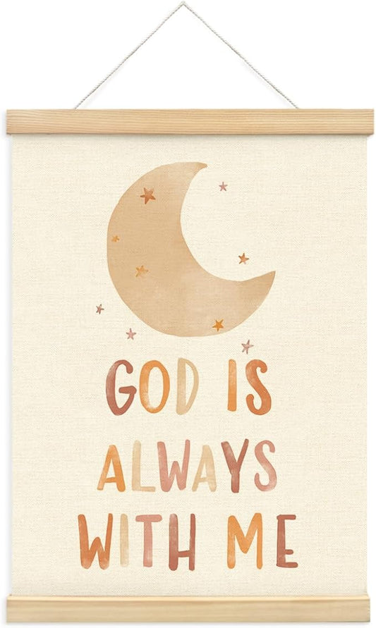 PLKMN Christian Nursery Wall Decor, God is Always with Me Wall Art with Wooden Poster Hanger, Boho Moon Christian Wall Decor for Nursery Kids Room Sunday School Preschool Classroom, 12x16 Inch