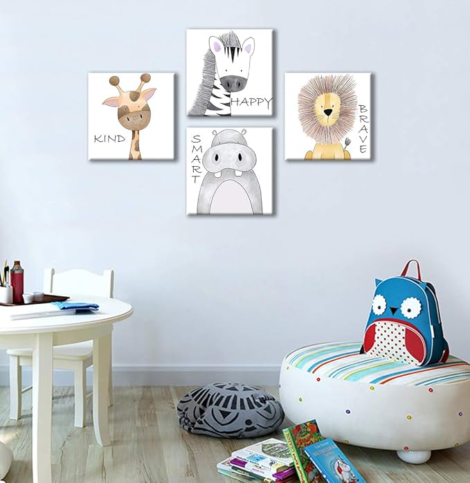 Oreichar Art Kids Wall Art Motivational Quote Painting Picture Safari Animals Canvas Print for Toddler Children's Room Bedroom Nursery Decoration (16"x16"x4pcs)