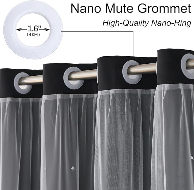 Cute Blackout Curtains for Girls Bedroom - Black Aesthetic Star Cutout Double Layer with Sheer Overlay, 63 Inch Length 2 Panels Teens Kids Room Curtain Nursery Decor Drapes