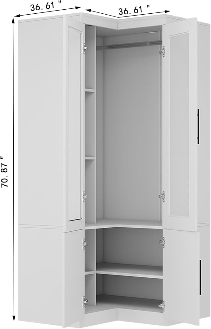 Corner Armoire Wardrobe Closet with Glass Door, Wood Wardrobe Closet Cabinet Bedroom Armoire with Hanging Rods for Home/Bedroom/Living Room White-53