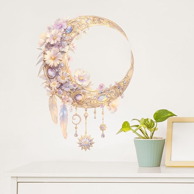 Dream Catcher Wall Decals Removable Moon Floral Vinyl Stickers for Nursery Living Room and Kids Playroom Fantasy Theme Decor Peel and Stick Wall Art