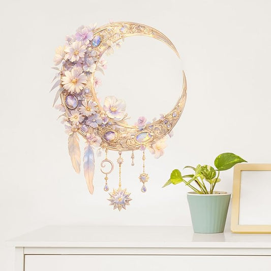 Dream Catcher Wall Decals Removable Moon Floral Vinyl Stickers for Nursery Living Room and Kids Playroom Fantasy Theme Decor Peel and Stick Wall Art