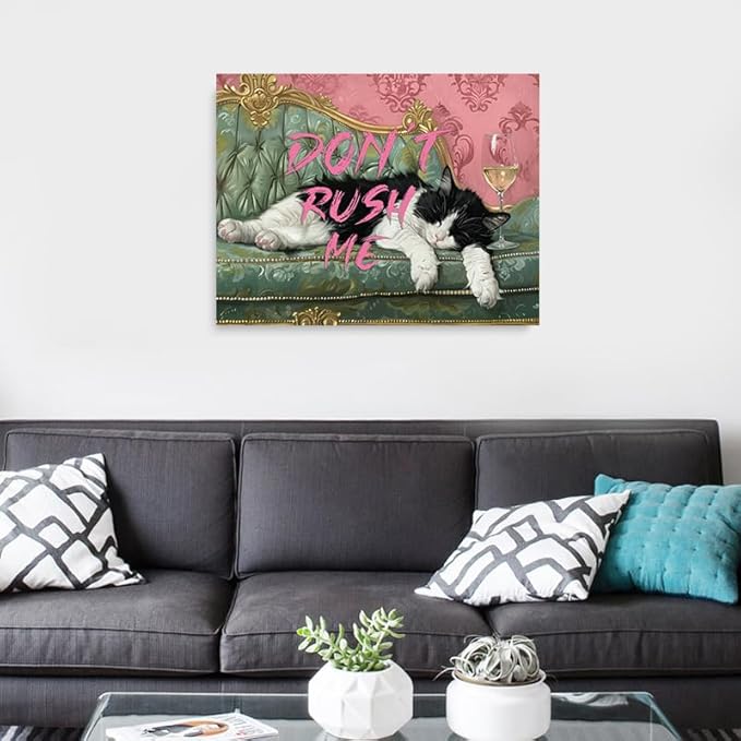 Vintage "Don't Rush Me" Cute Lazy Black and White Cat Picture Wall Decor Framed Retro Funny Animal Canvas Wall Art Prints Poster Painting for Living Room Bathroom Bedroom Home Kitchen (16"x12")