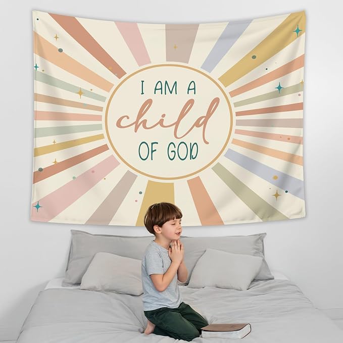 LIANGW Boho Neutral Baby Nursery Christian Wall Tapestry – I am a Child of God Bible Verse Decor, Inspirational Toddler Room Tapestry for Boys,Teens Room Decoration Living Room Bedroom 50x60 inches