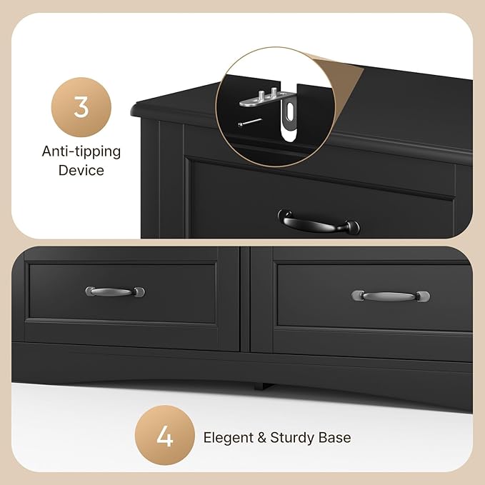Gizoon 6 Drawer Dresser for Bedroom，47'' Larger Chest of Drawers with Mental Handle for Kids Room, Black Dresser with 6 Storage Drawers for Living Room, Entryway and Hallway, Black