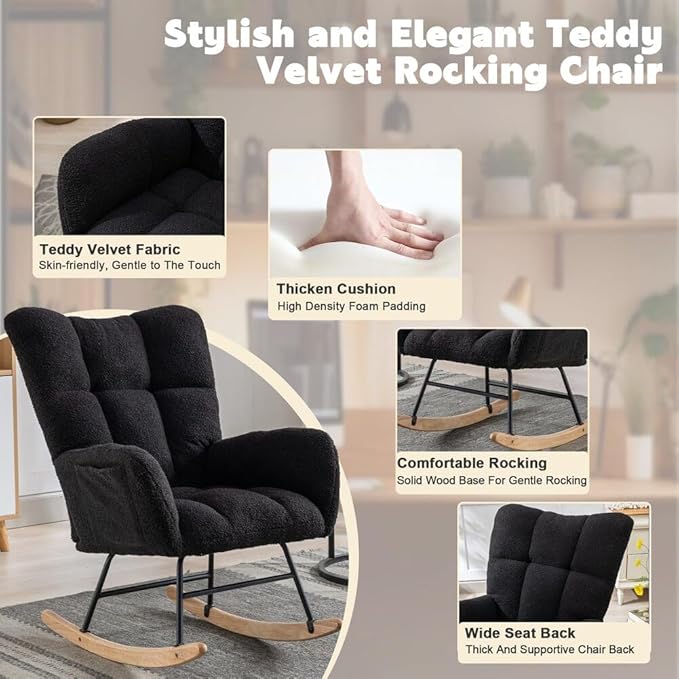 Nursery Rocking Chair Teddy Upholstered Glider Rocker Rocking Accent Chair with High Backrest Armchair Comfy Side Chair for Living Room, Bedroom, Offices (Black)