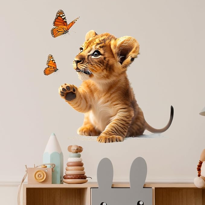 Baby Lion and Butterflies Wall Decals Removable African Animal Vinyl Stickers for Nursery Kids Bedroom and Playroom Realistic Decor Peel and Stick Wall Art