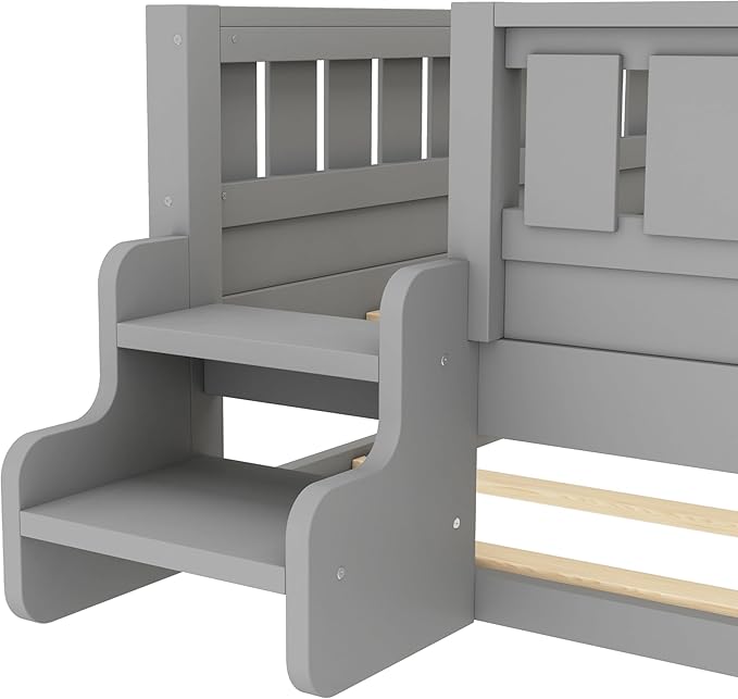 Bellemave Twin Size Kids Bed with high Rails and with Built-in Bookshelf and Trundle for Kids, Girls, Boys, Wood Montessori Bed Without Door, Gray