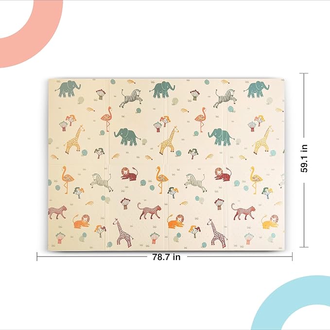 ORIBEL PurePlay Baby Play mat | 79" x 59" | Odour Free | Easy to Clean | Water & Stain-Resistant | Reversible & Foldable | 3 Layer Protection| Scratch Resistant (Savanna Adventure)