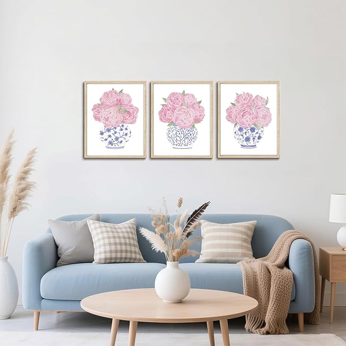 CHMMART 3 Piece Pink Floral Framed Wall Art Blue and White Chinoiserie Flower Canvas Art Prints Peony Pictures Wall Decor Painting Artwork for Living Room Bedroom Bathroom 12x16in
