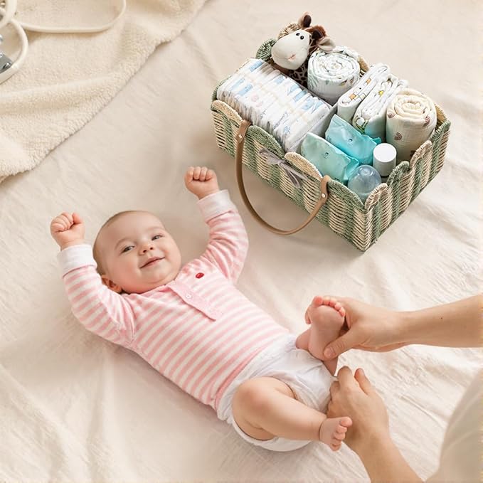 HBlife Large Baby Diaper Caddy, Paper Rope Storage Baskets Nursery Bin with Removable Divider, Portable Car Organizer for Diapers, Baby Shower Gifts, Newborn Essentials Must Haves
