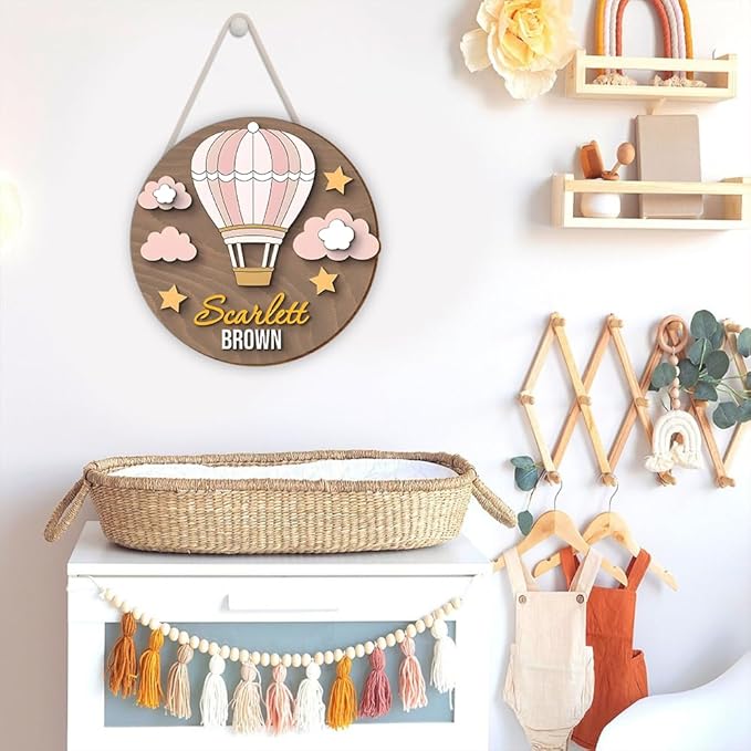 Personalized Hot Air Balloon Wooden Name Sign | Custom Door Sign for Nursery Wall Decor, Girls Room Decor, Boys Bedroom Wall Art, Playroom Decoration, and Wooden Hanging