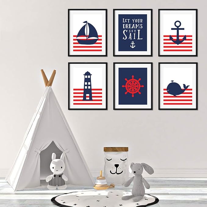 Andaz Press Ocean Nautical Sailor Theme Nursery Kids Bedroom Hanging Wall Art Decor, 8.5x11-inch, Red Stripes, Boat, Anchor, Lighthouse, Whale, 6-Pack, Unframed Room Poster