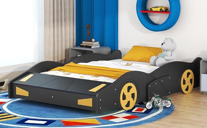 Harper & Bright Designs Full Size Race Car-Shaped Platform Bed with Wheels and Storage, Black+Yellow