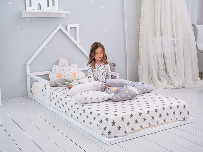 BUSYWOOD Toddler Floor Bed Frame - Cozy House Bed for Kids - Montessori Floor Kids Bed - Twin Bed Frames for Kids - Loft Bed for Toddler - Wood Children Bed (Model 3, Floor Bed)