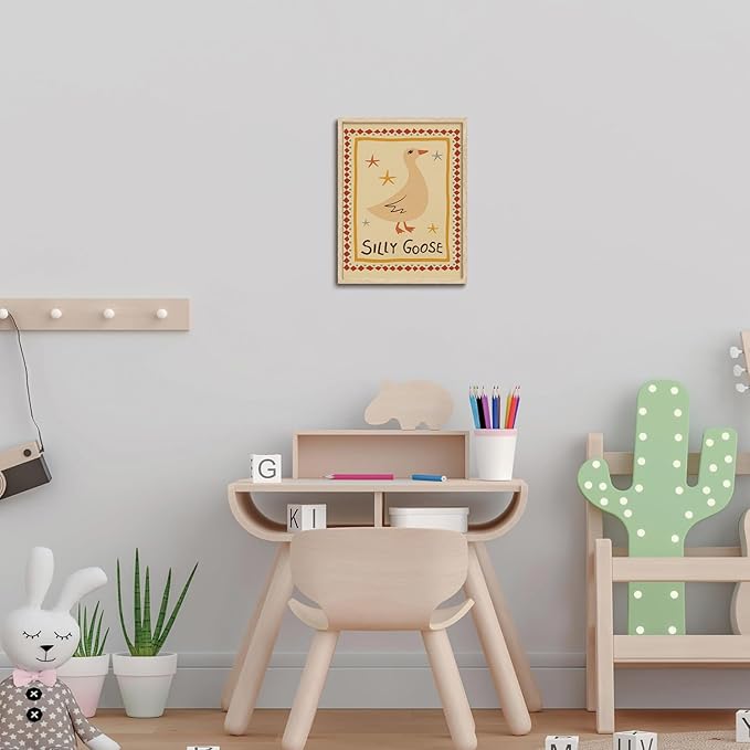 KISSFOX Framed Wall Art Nursery Wall Decor Yellow Silly Goose Pictures Kids Cute Animal Canvas Art Boho Whimsical Paintings Artwork For Children Boys Girls Room