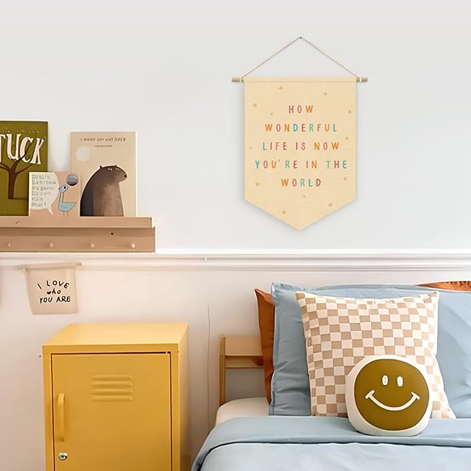 Nursery Decor, How Wonderful Life Is Now You're in the World Wall Hanging Sign Flag, Positive Affirmations, Kids Affirmations Nursery Wall Art Canvas Hanging Pennant Flag Banner 15x11in