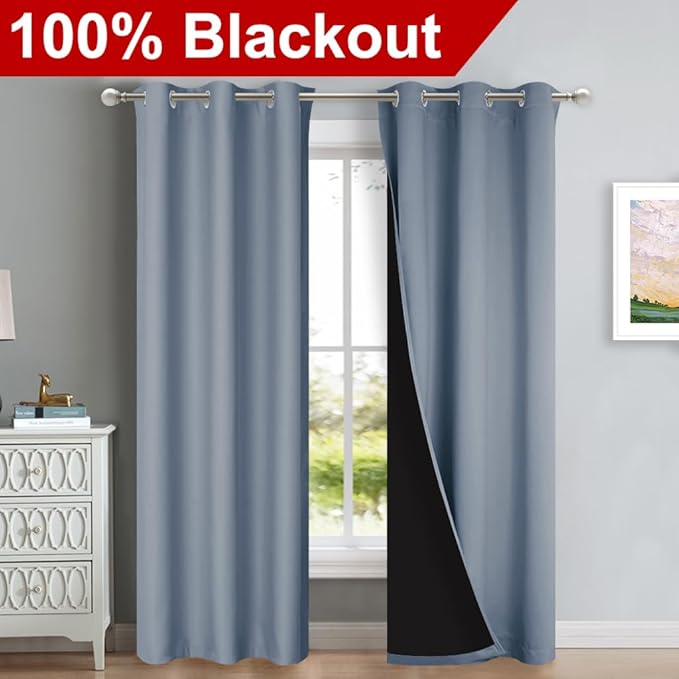 NICETOWN Vintage Blue Full Shade Curtain Panels, 37" Wide x 84" Long, Pair of Thermal Insulated & Energy Efficiency Blackout Drapes for Living Room Windows, Lined Silky Performance Window Dressing