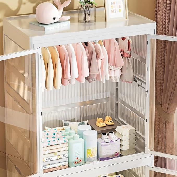 Kids Wardrobe Closet, 4Tiers Portable Foldable Children’s Clothes Organizer with Wheels Cabinet Toddler Dresser Storage Organizer with Hanging Rod & 6 Hangers for Kids Bedroom or Nursery