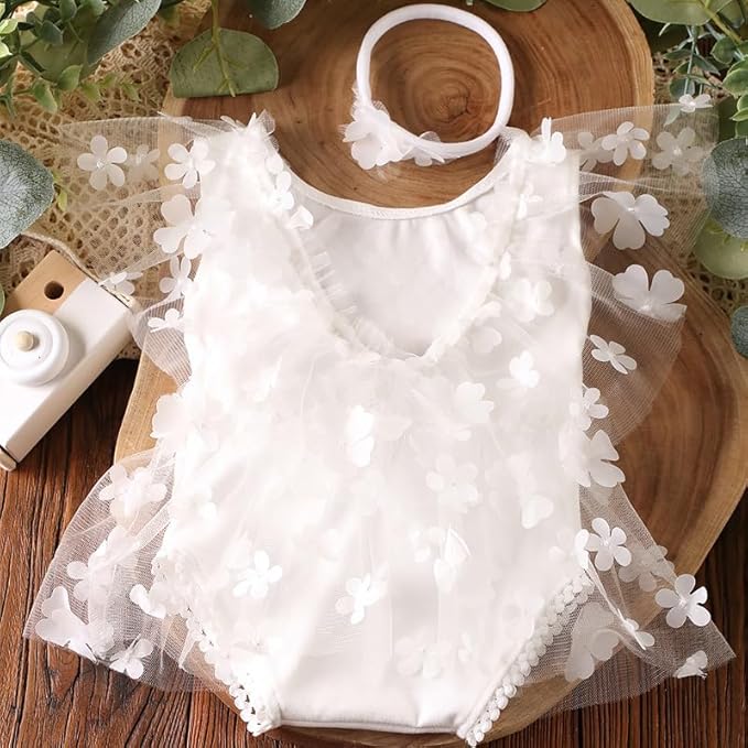Newborn Girl Photography Outfits, Backless Lace Romper with Flower Headband Photo Props, Baby Girl Photoshoot Outfits