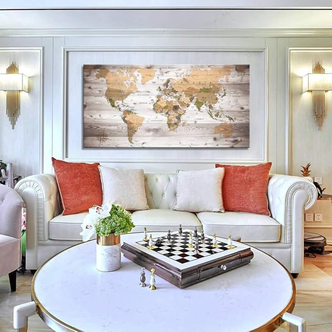 Large Wall Art grey map of The World Painting Ready to Hang 29"x58"Large Framed Wall Art World Map Canvas Map Decorations Artwork Prints